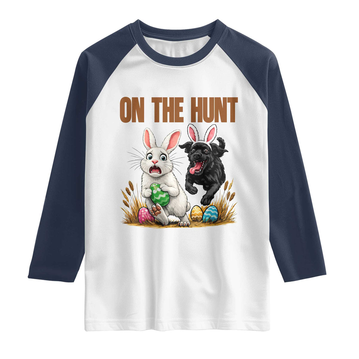 Funny Easter Labrador Bunny Ears Raglan Shirt On The Hunt TS12 White Navy Print Your Wear