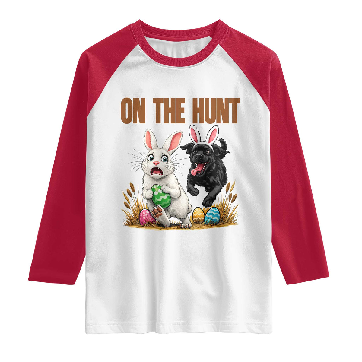 Funny Easter Labrador Bunny Ears Raglan Shirt On The Hunt TS12 White Red Print Your Wear