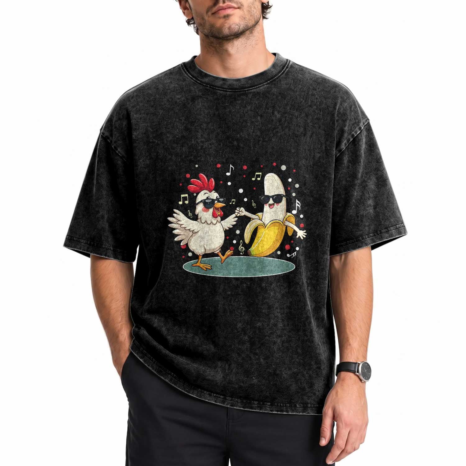Funny Banana Chicken Dance Washed Cotton T-Shirt Chaos Dance Meme Graphic