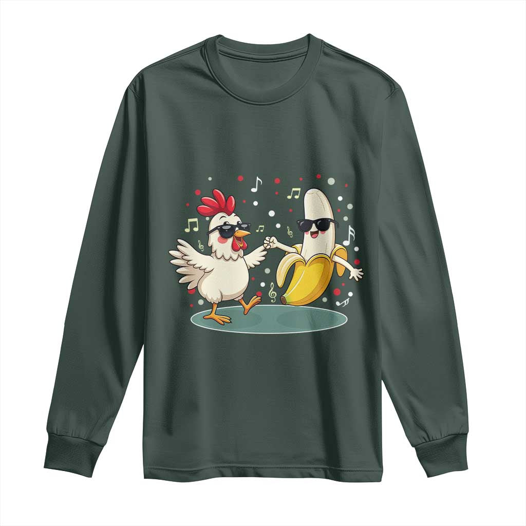 Funny Banana Chicken Dance Long Sleeve Shirt Chaos Dance Meme Graphic TS12 Dark Forest Green Print Your Wear