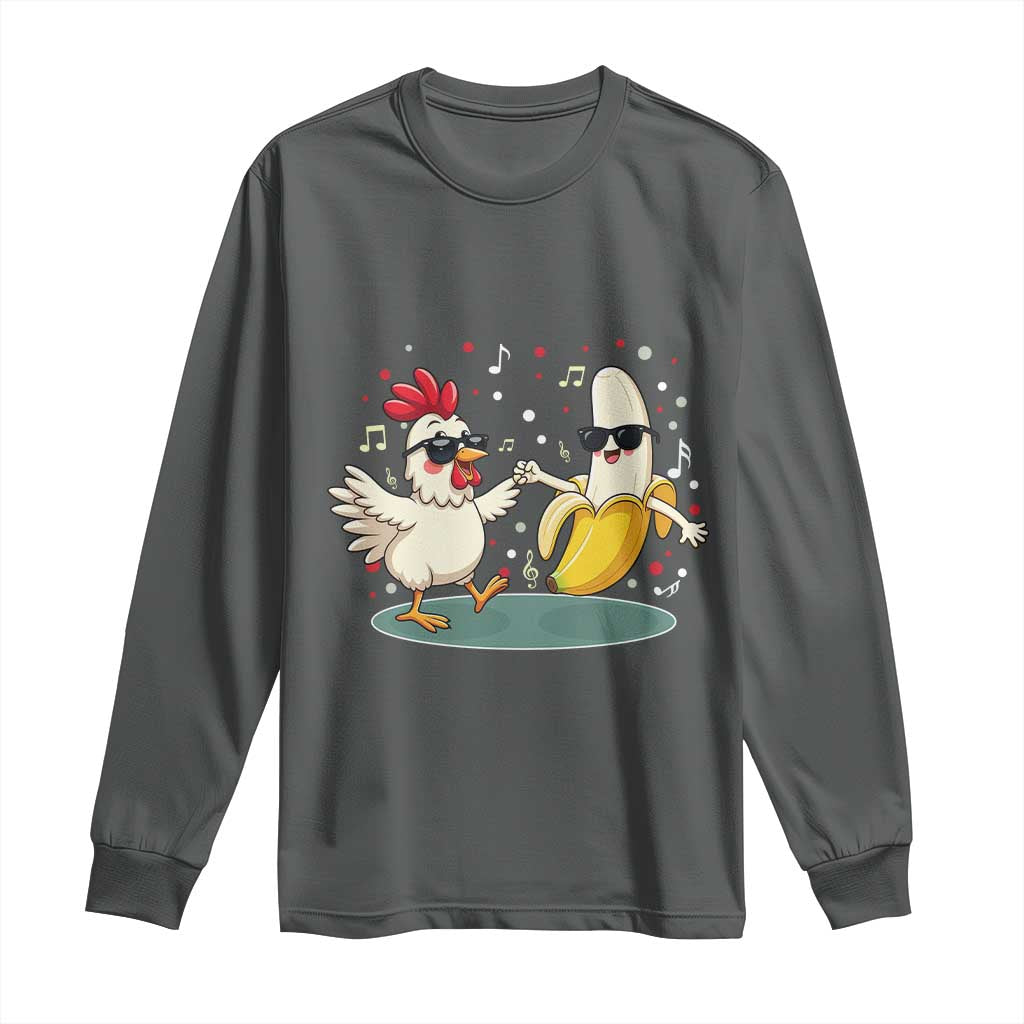 Funny Banana Chicken Dance Long Sleeve Shirt Chaos Dance Meme Graphic TS12 Dark Heather Print Your Wear