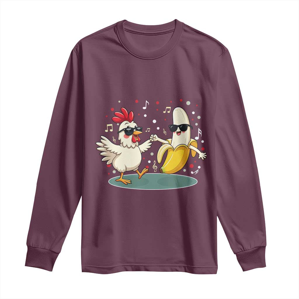 Funny Banana Chicken Dance Long Sleeve Shirt Chaos Dance Meme Graphic TS12 Maroon Print Your Wear