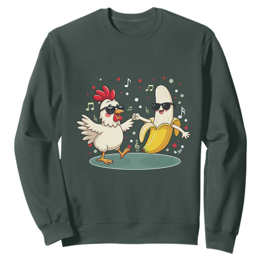 Funny Banana Chicken Dance Sweatshirt Chaos Dance Meme Graphic TS12 Dark Forest Green Print Your Wear