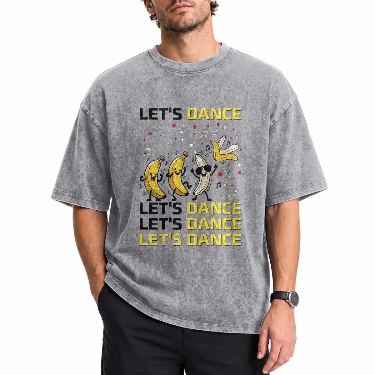 Funny Dancing Banana Washed Cotton T-Shirt Lets Dance Silly Meme Graphic
