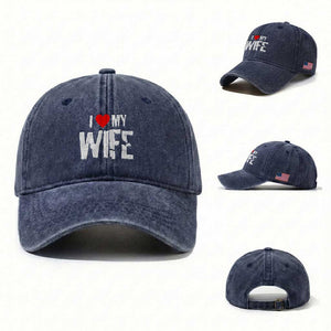 Funny Husband Gift Washed Cotton Baseball Cap I Love My Wife TS12 Washed Cap Universal Fit Navy Print Your Wear