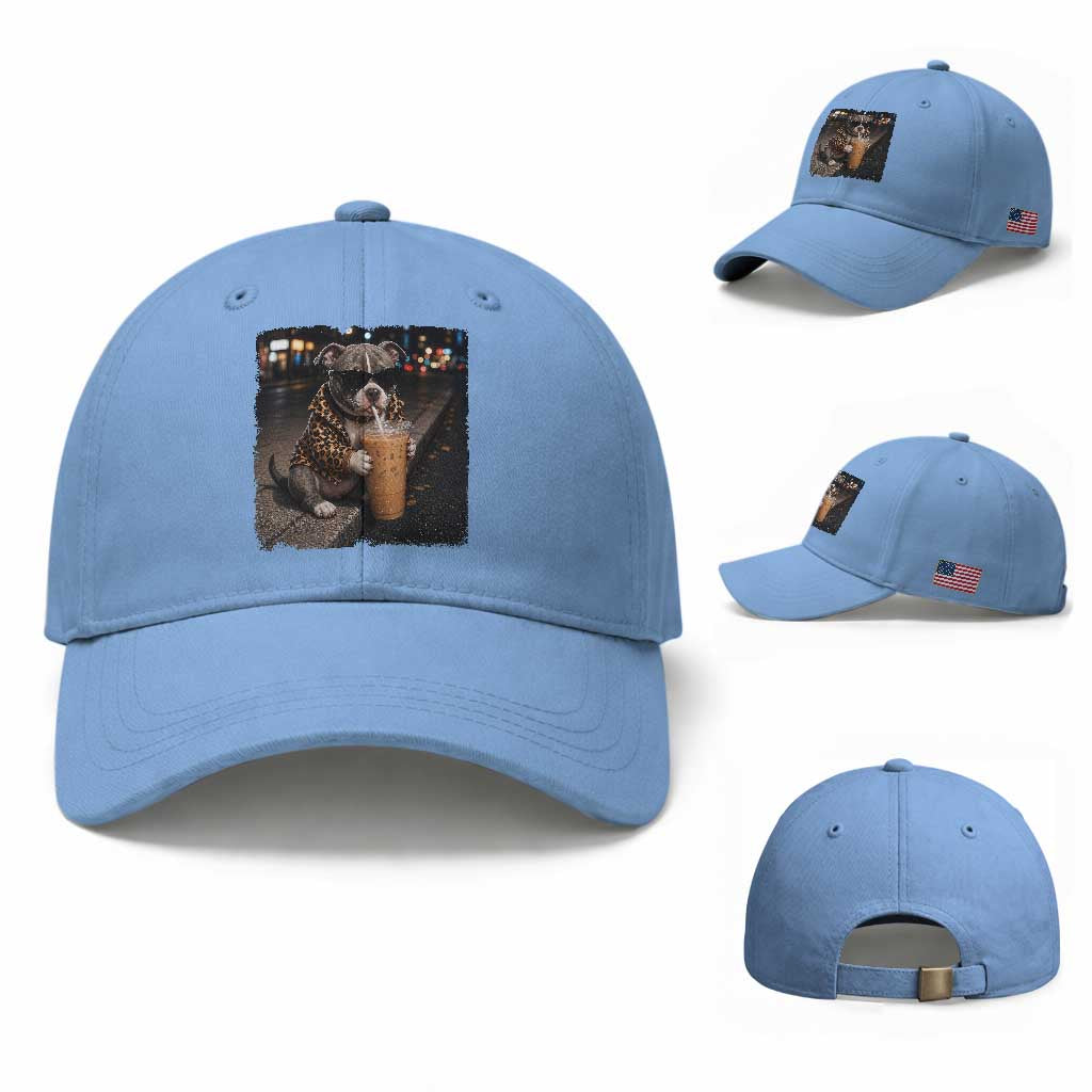Funny Pitbull Drinking Coffee Baseball Cap Dog Meme Caffeine Graphic TS12 Baseball Cap Universal Fit Light Blue Print Your Wear
