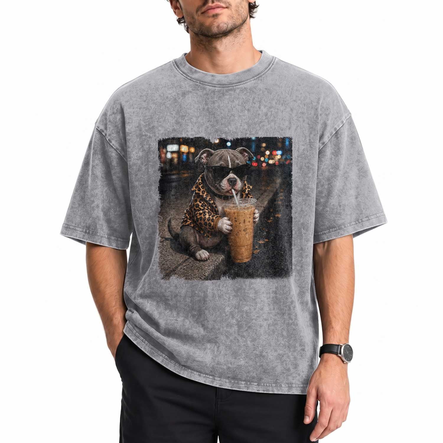 Funny Pitbull Drinking Coffee Washed Cotton T-Shirt Dog Meme Caffeine Graphic