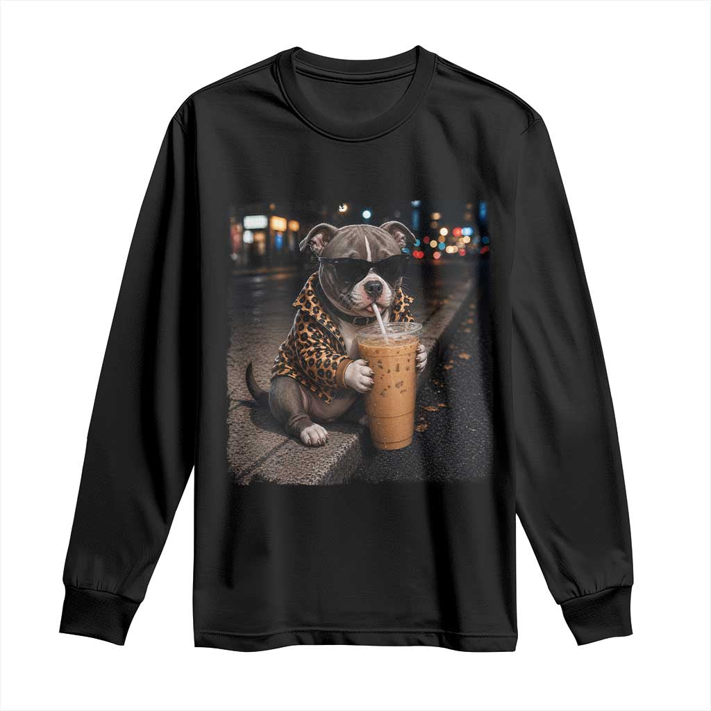 Funny Pitbull Drinking Coffee Long Sleeve Shirt Dog Meme Caffeine Graphic TS12 Black Print Your Wear
