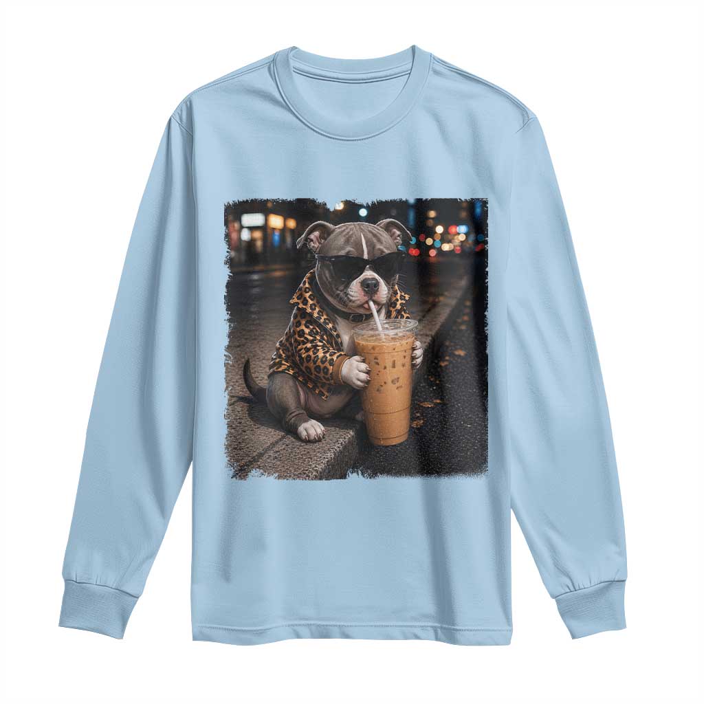 Funny Pitbull Drinking Coffee Long Sleeve Shirt Dog Meme Caffeine Graphic TS12 Light Blue Print Your Wear