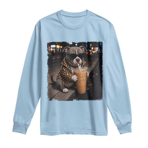 Funny Pitbull Drinking Coffee Long Sleeve Shirt Dog Meme Caffeine Graphic TS12 Light Blue Print Your Wear