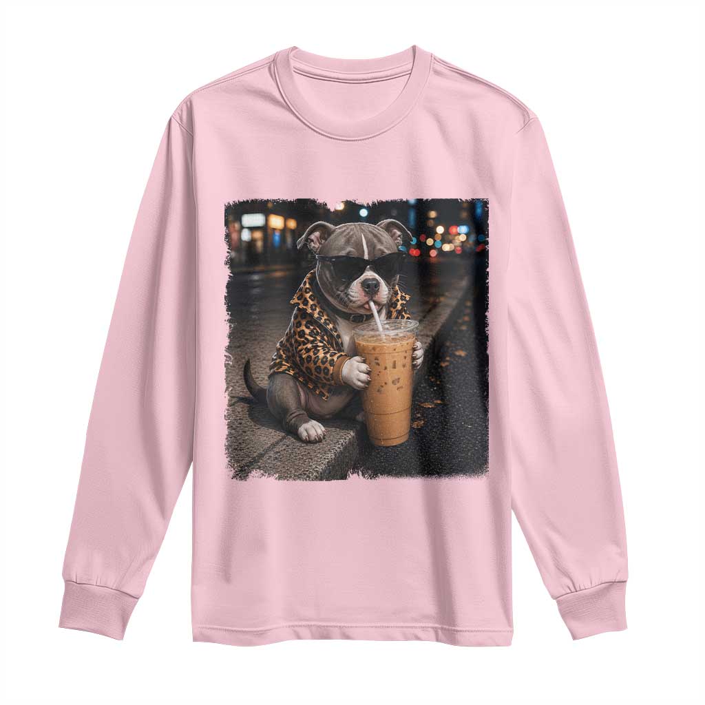 Funny Pitbull Drinking Coffee Long Sleeve Shirt Dog Meme Caffeine Graphic TS12 Light Pink Print Your Wear