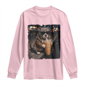 Funny Pitbull Drinking Coffee Long Sleeve Shirt Dog Meme Caffeine Graphic TS12 Light Pink Print Your Wear
