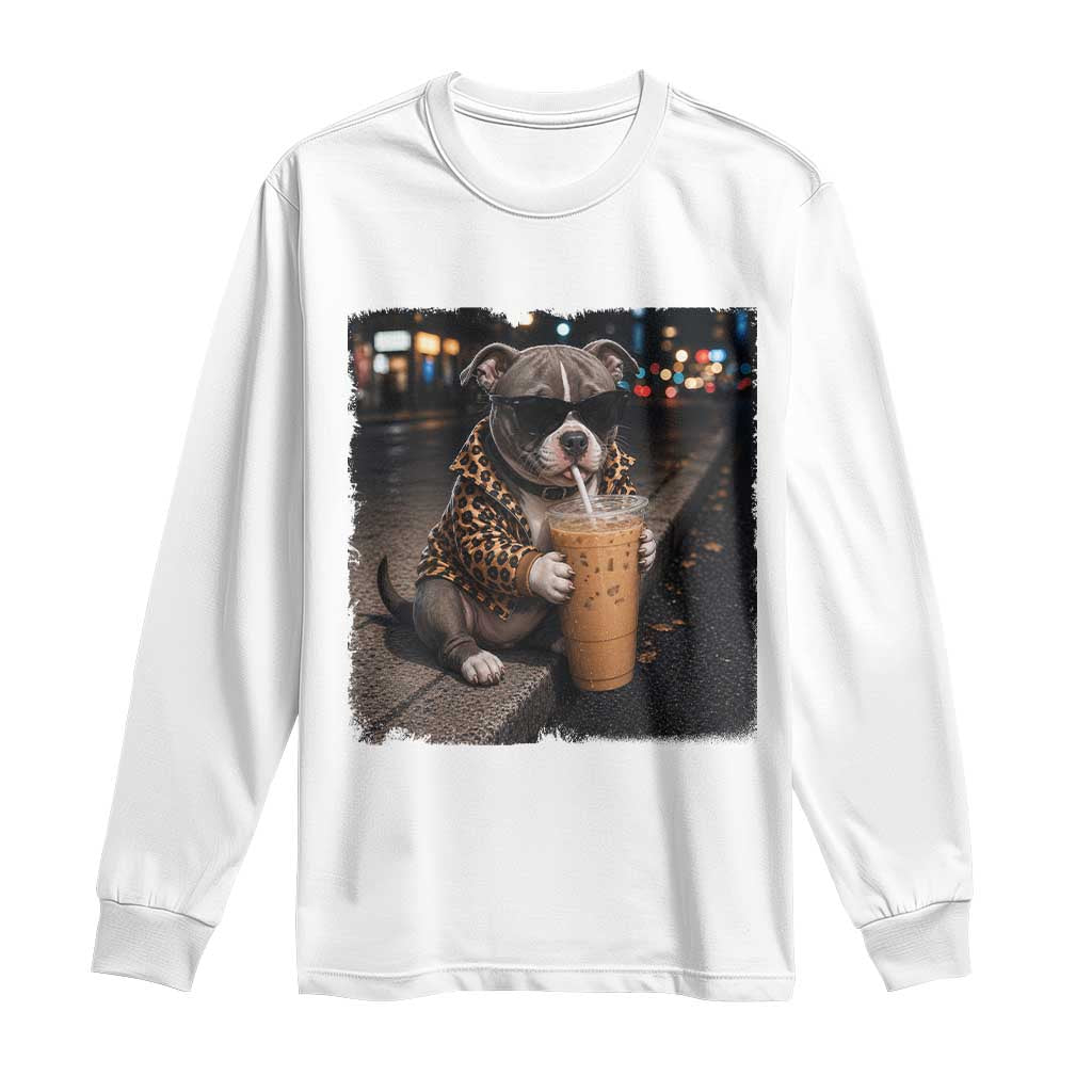 Funny Pitbull Drinking Coffee Long Sleeve Shirt Dog Meme Caffeine Graphic TS12 White Print Your Wear