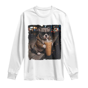 Funny Pitbull Drinking Coffee Long Sleeve Shirt Dog Meme Caffeine Graphic TS12 White Print Your Wear