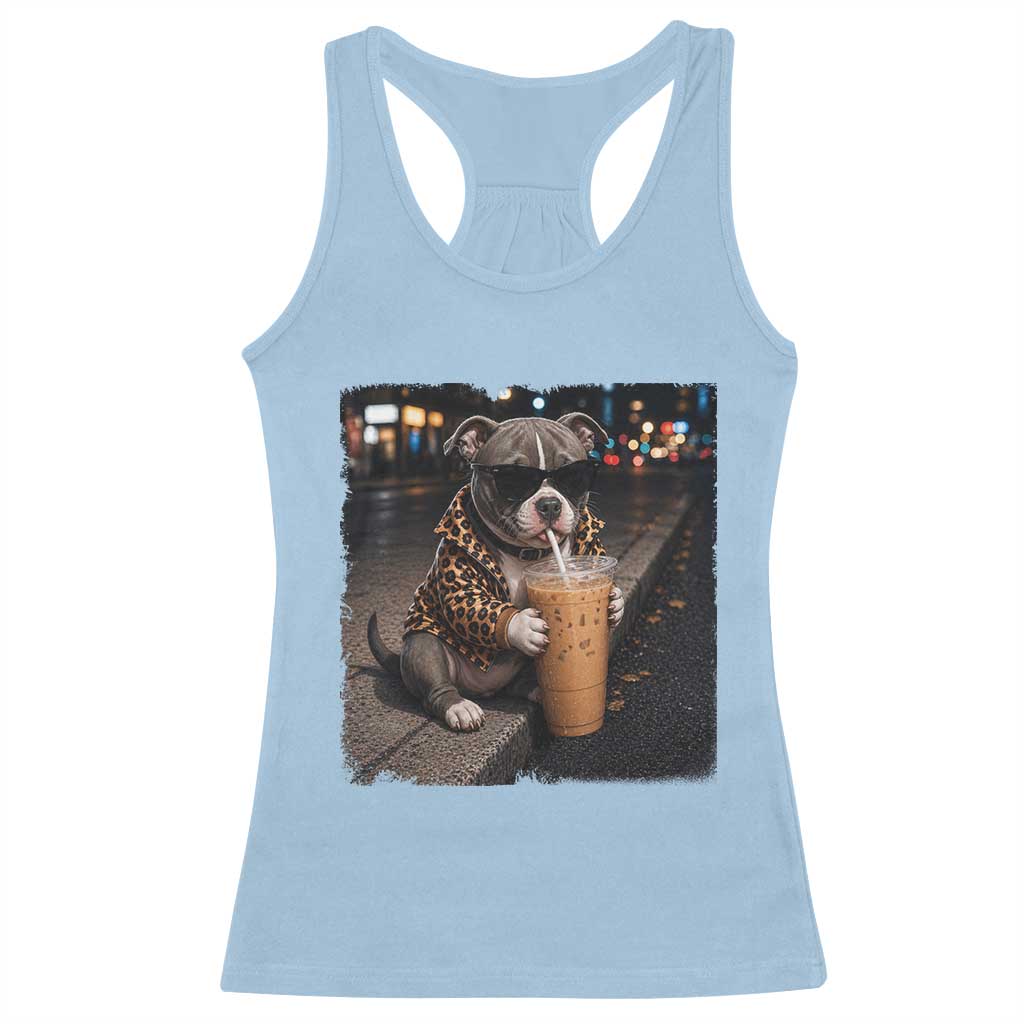Funny Pitbull Drinking Coffee Racerback Tank Top Dog Meme Caffeine Graphic TS12 Light Blue Print Your Wear