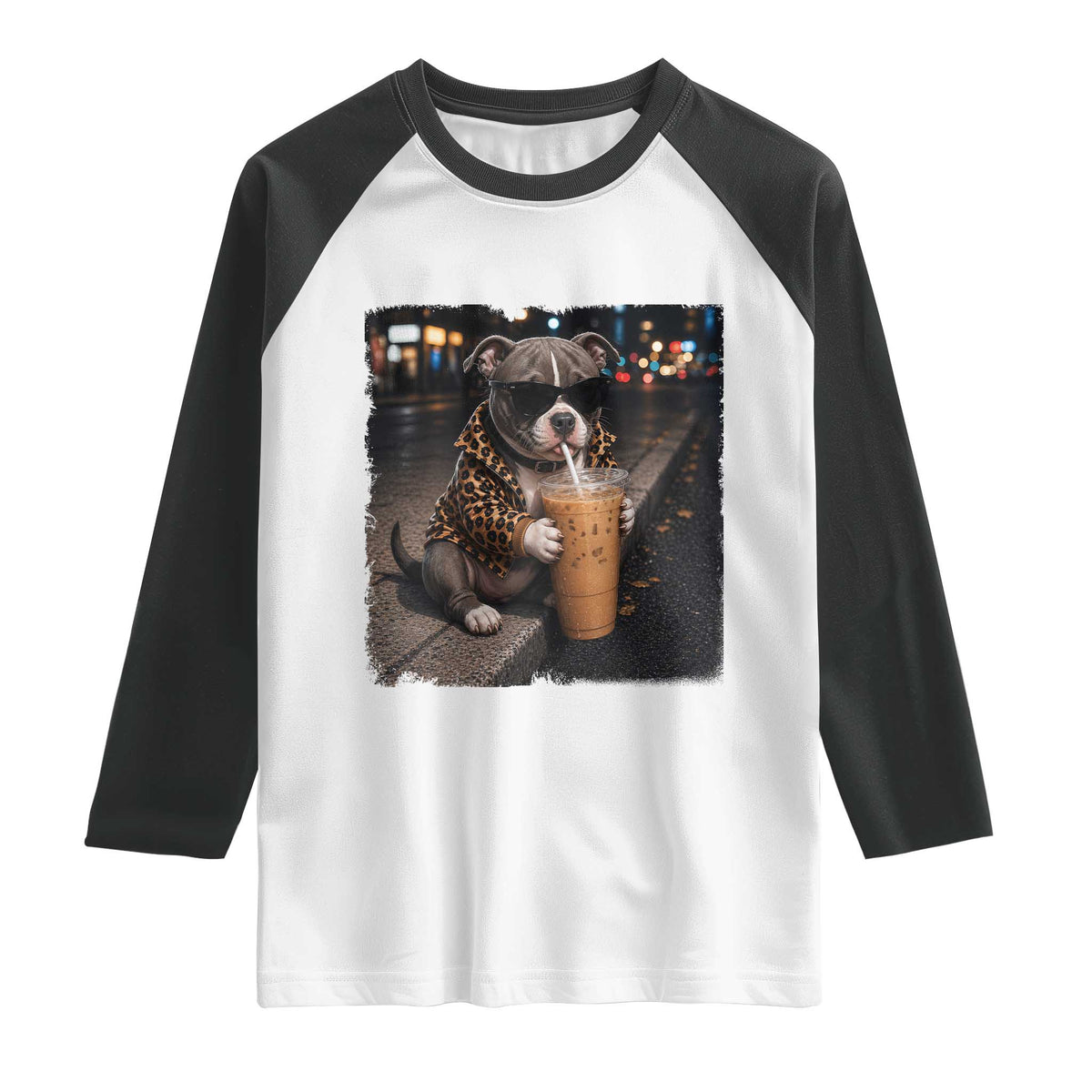 Funny Pitbull Drinking Coffee Raglan Shirt Dog Meme Caffeine Graphic TS12 White Black Print Your Wear