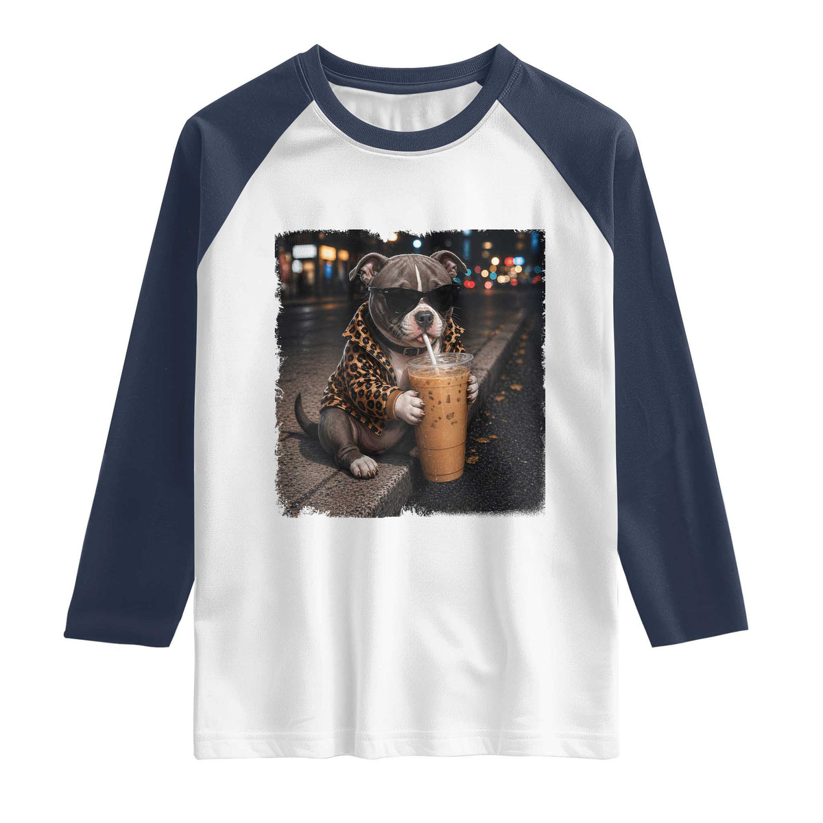 Funny Pitbull Drinking Coffee Raglan Shirt Dog Meme Caffeine Graphic TS12 White Navy Print Your Wear