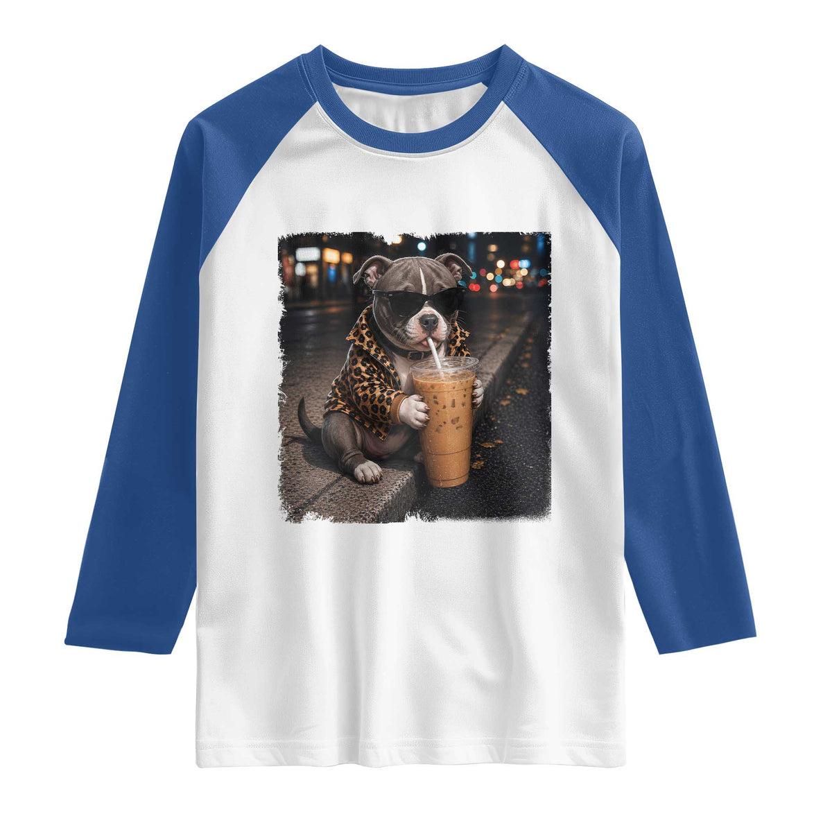 Funny Pitbull Drinking Coffee Raglan Shirt Dog Meme Caffeine Graphic TS12 White Royal Print Your Wear