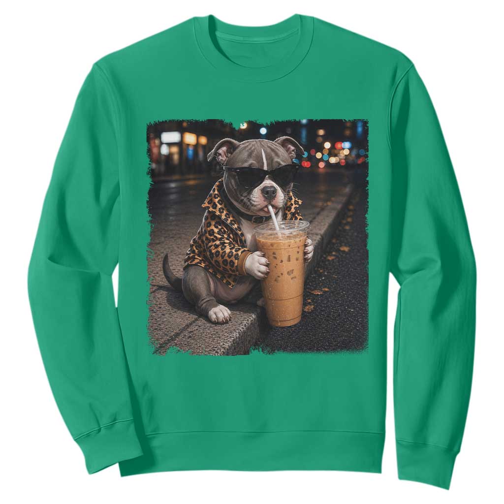 Funny Pitbull Drinking Coffee Sweatshirt Dog Meme Caffeine Graphic TS12 Irish Green Print Your Wear