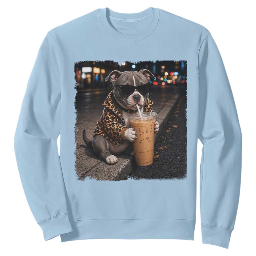 Funny Pitbull Drinking Coffee Sweatshirt Dog Meme Caffeine Graphic TS12 Light Blue Print Your Wear