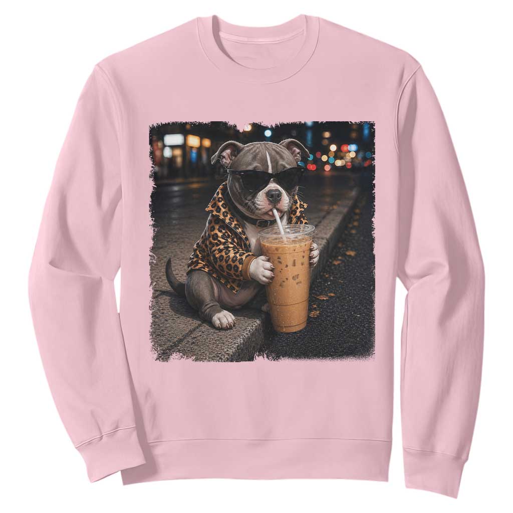 Funny Pitbull Drinking Coffee Sweatshirt Dog Meme Caffeine Graphic TS12 Light Pink Print Your Wear