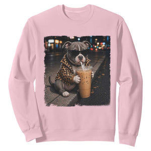 Funny Pitbull Drinking Coffee Sweatshirt Dog Meme Caffeine Graphic TS12 Light Pink Print Your Wear