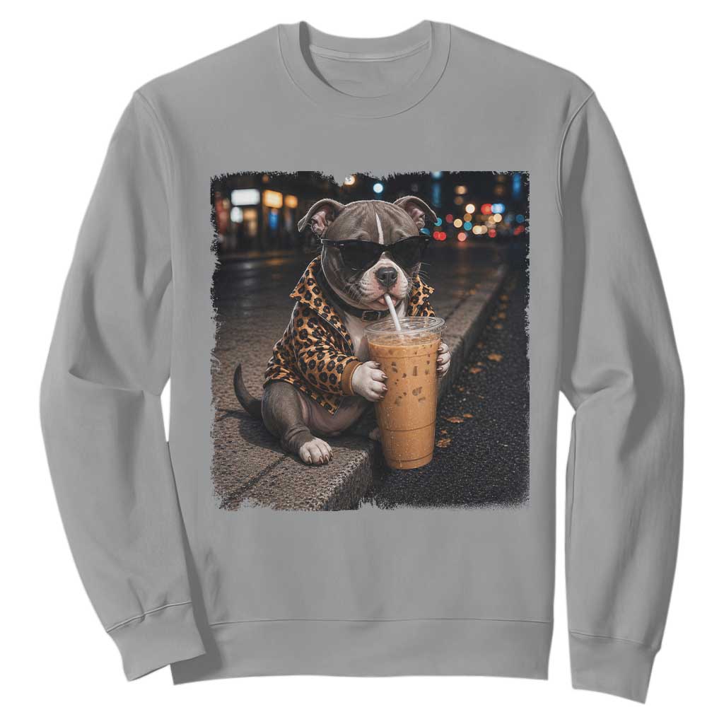 Funny Pitbull Drinking Coffee Sweatshirt Dog Meme Caffeine Graphic TS12 Sport Gray Print Your Wear