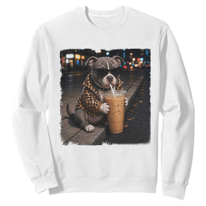 Funny Pitbull Drinking Coffee Sweatshirt Dog Meme Caffeine Graphic TS12 White Print Your Wear