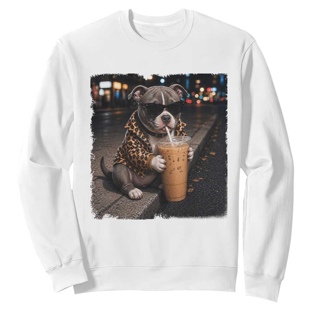 Funny Pitbull Drinking Coffee Sweatshirt Dog Meme Caffeine Graphic TS12 White Print Your Wear