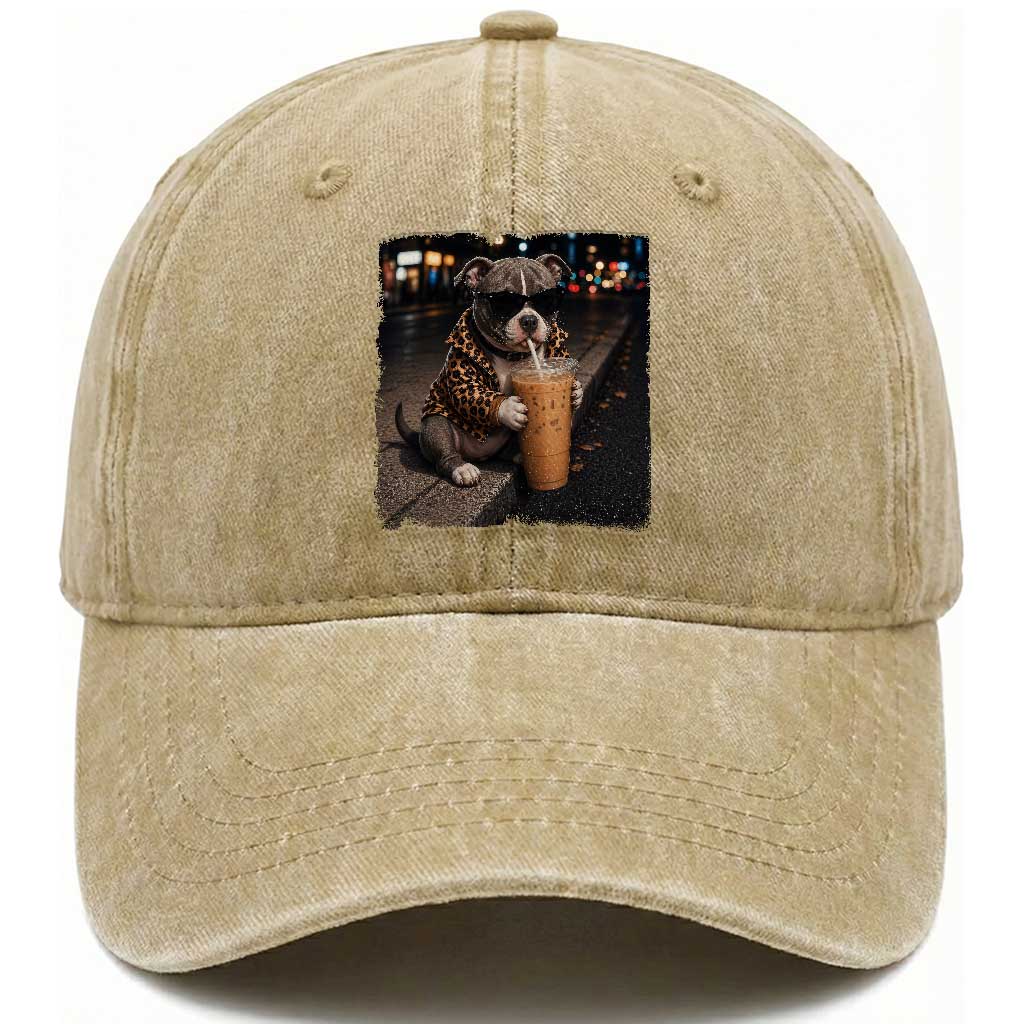 Funny Pitbull Drinking Coffee Washed Cotton Baseball Cap Dog Meme Caffeine Graphic TS12 Print Your Wear