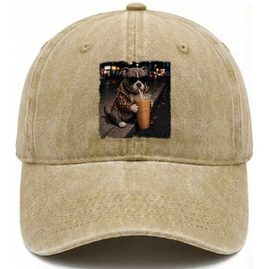 Funny Pitbull Drinking Coffee Washed Cotton Baseball Cap Dog Meme Caffeine Graphic TS12 Print Your Wear