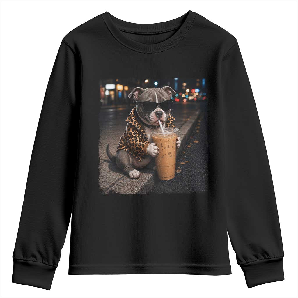 Funny Pitbull Drinking Coffee Youth Sweatshirt Dog Meme Caffeine Graphic TS12 Black Print Your Wear
