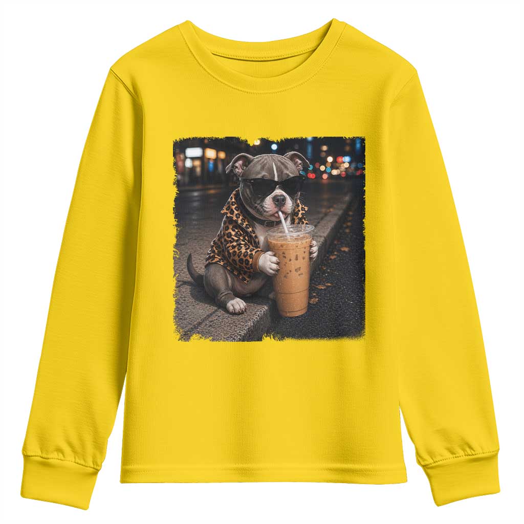 Funny Pitbull Drinking Coffee Youth Sweatshirt Dog Meme Caffeine Graphic TS12 Daisy Print Your Wear