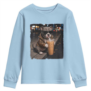 Funny Pitbull Drinking Coffee Youth Sweatshirt Dog Meme Caffeine Graphic TS12 Light Blue Print Your Wear