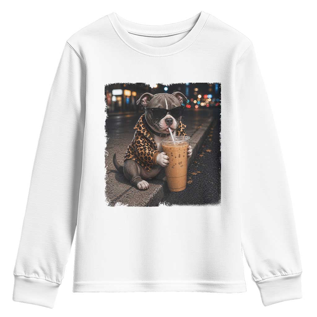 Funny Pitbull Drinking Coffee Youth Sweatshirt Dog Meme Caffeine Graphic TS12 White Print Your Wear