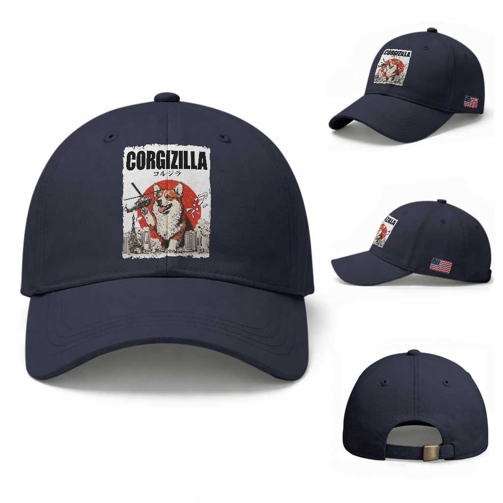 Corgizilla Giant Baseball Cap Funny Corgi Monster Roaring Tokyo Japan TS12 Baseball Cap Universal Fit Navy Print Your Wear