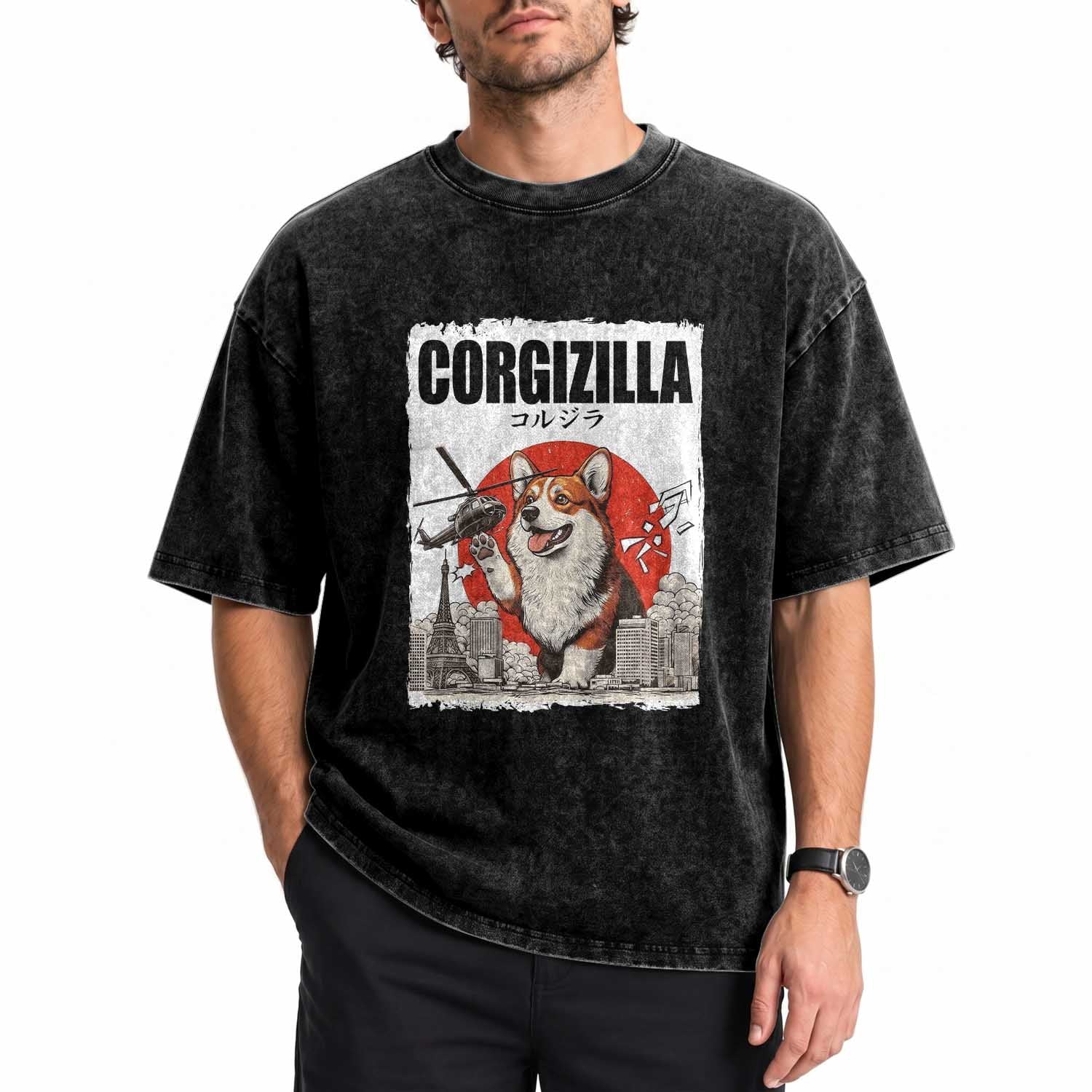 Corgizilla Giant Washed Cotton T-Shirt Funny Corgi Monster Roaring Tokyo Japan