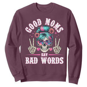 Skeleton Messy Bun Mom Sweatshirt Good Moms Say Bad Words TS12 Maroon Print Your Wear
