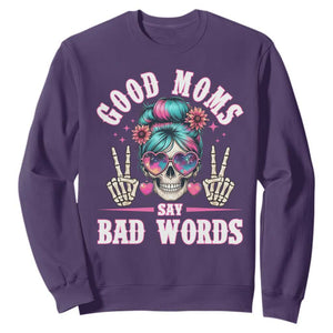 Skeleton Messy Bun Mom Sweatshirt Good Moms Say Bad Words TS12 Purple Print Your Wear