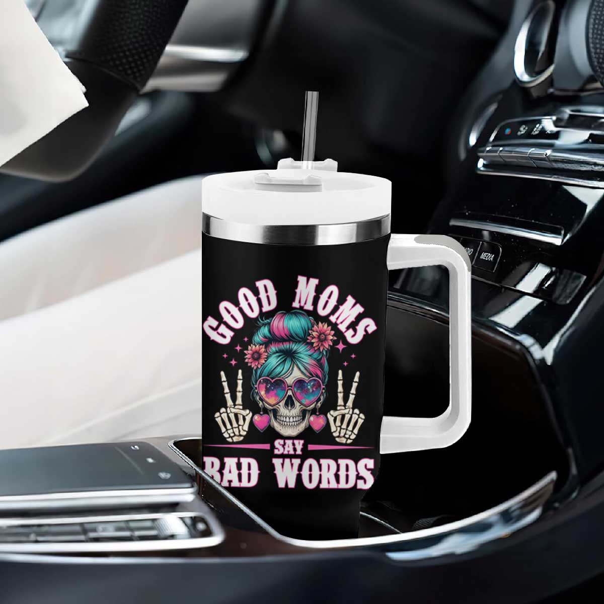 Skeleton Messy Bun Mom Tumbler With Handle Good Moms Say Bad Words TS12 Print Your Wear