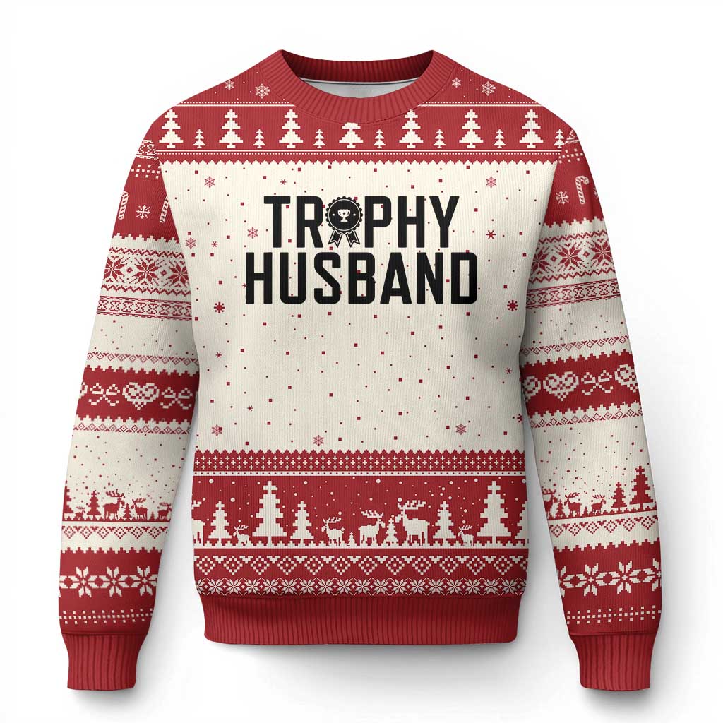 Funny Trophy Husband Ugly Christmas Sweater Sarcastic Marriage Quote TS12 Beige Red Print Your Wear