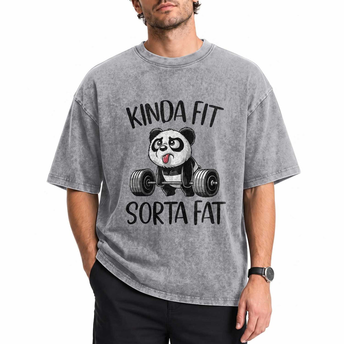 Funny Gym Panda Lover Washed Cotton T-Shirt Kinda Fit Sorta Fat