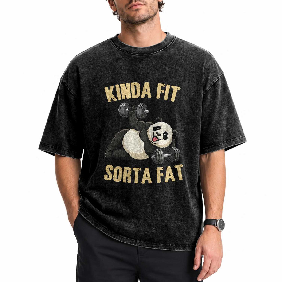 Funny Panda Weightlifting Workout Washed Cotton T-Shirt Kinda Fit Sorta Fat