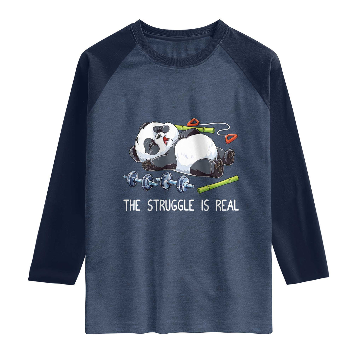 Funny Panda Workout Gift Raglan Shirt The Struggle Is Real TS12 Heather Denim Navy Print Your Wear