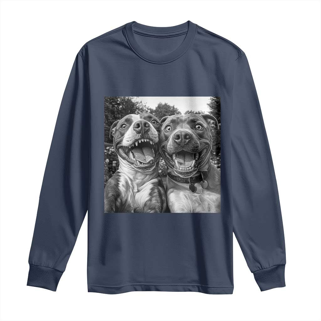 Pitbull Selfie Meme Long Sleeve Shirt Funny Dog Lover Graphic TS12 Navy Print Your Wear