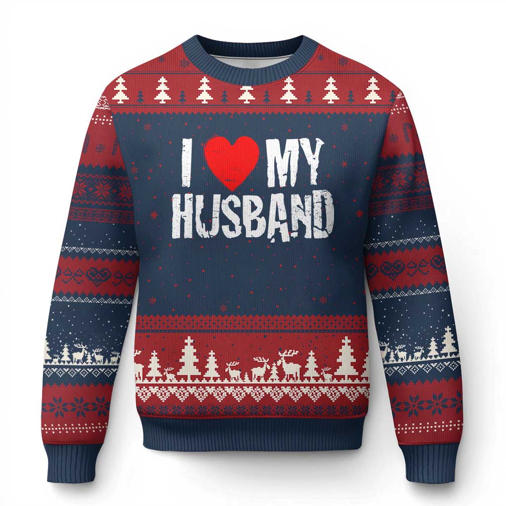 Cool Marriage Humor Gift For Wife Ugly Christmas Sweater I Love My Husband TS12 Navy Red Print Your Wear
