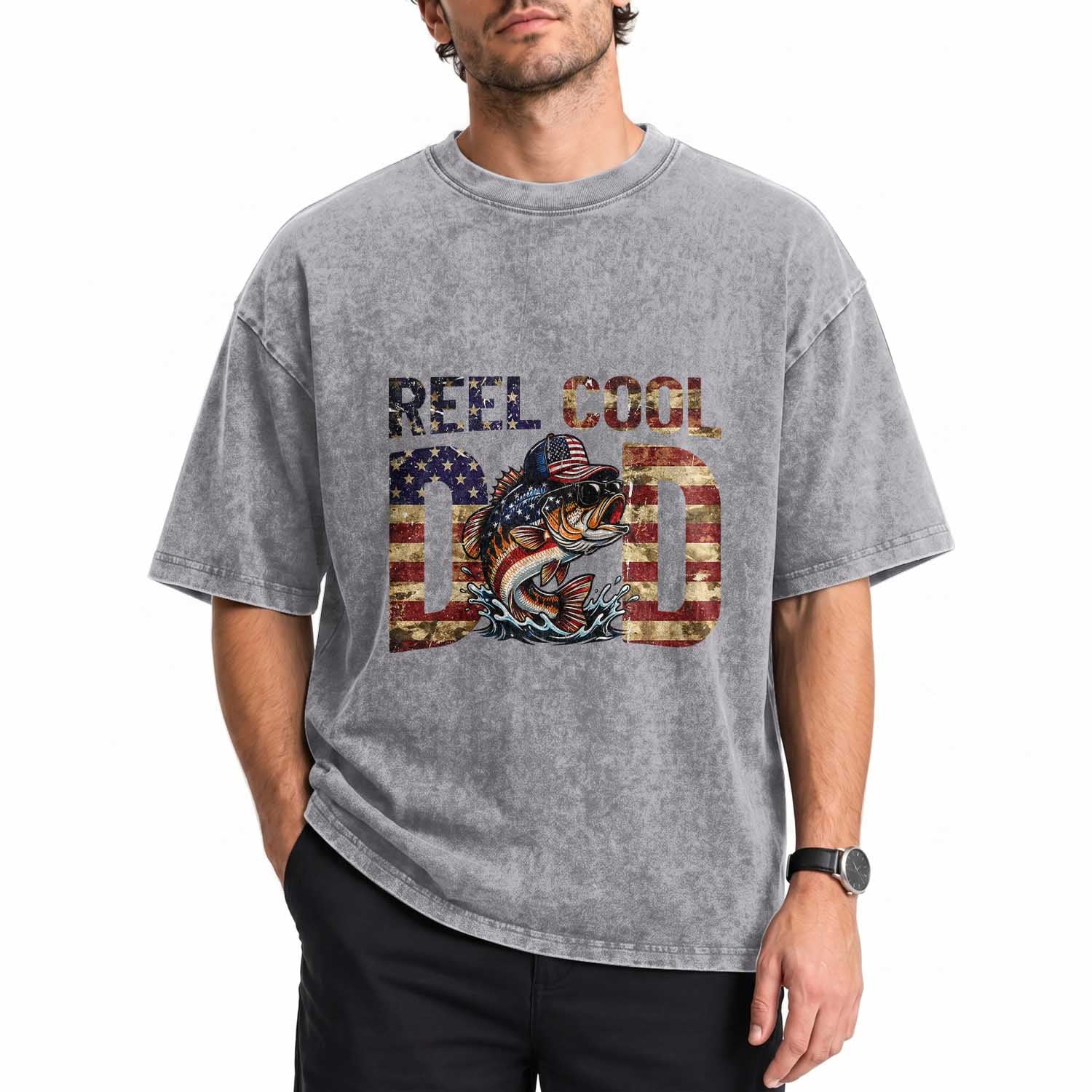 Patriotic Reel Cool Dad Washed Cotton T-Shirt American Flag Fishing Fathers Day Gift