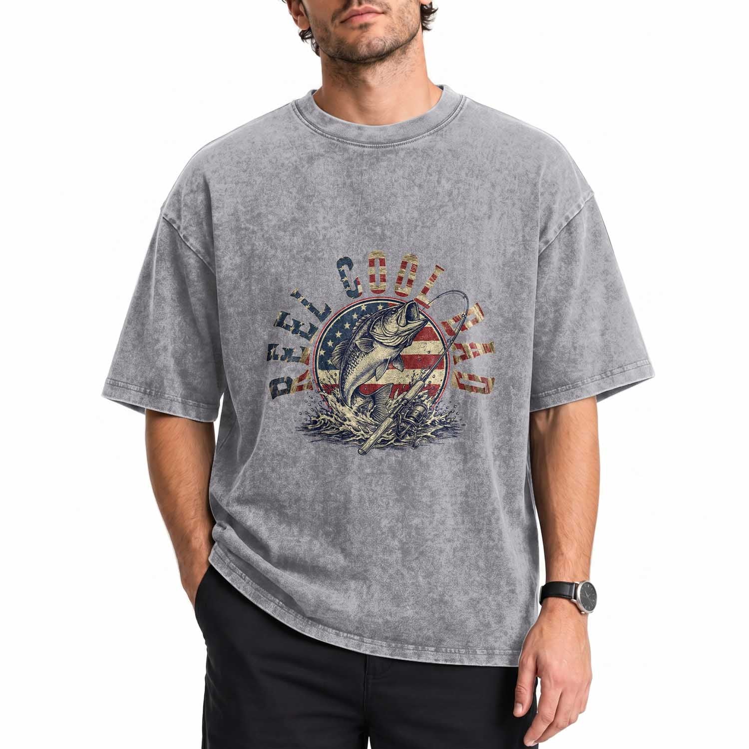 Reel Cool Dad Graphic Washed Cotton T-Shirt 4th Of July Fishing Patriotic Dad