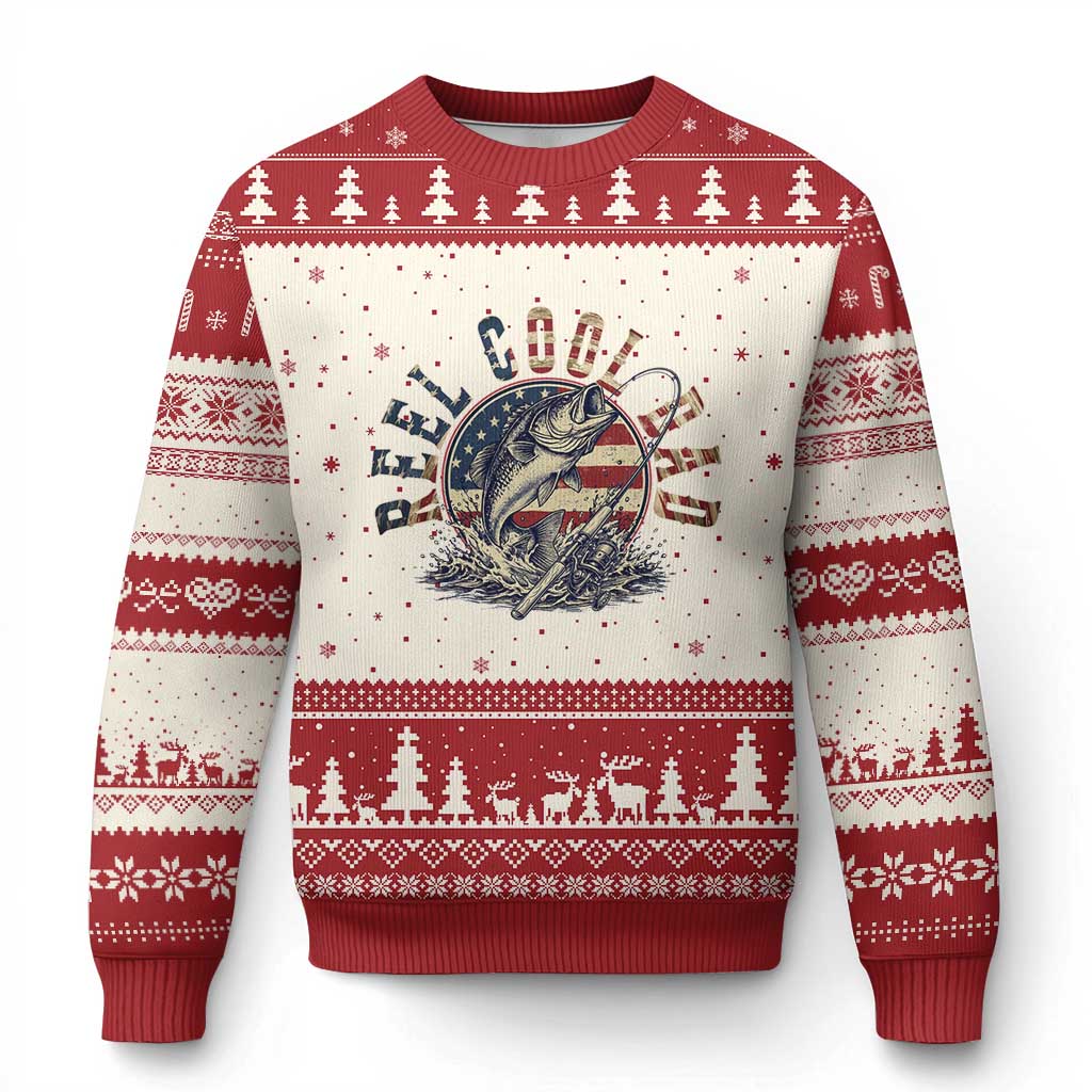 Reel Cool Dad Graphic Ugly Christmas Sweater 4th Of July Fishing Patriotic Dad TS12 Beige Red Print Your Wear