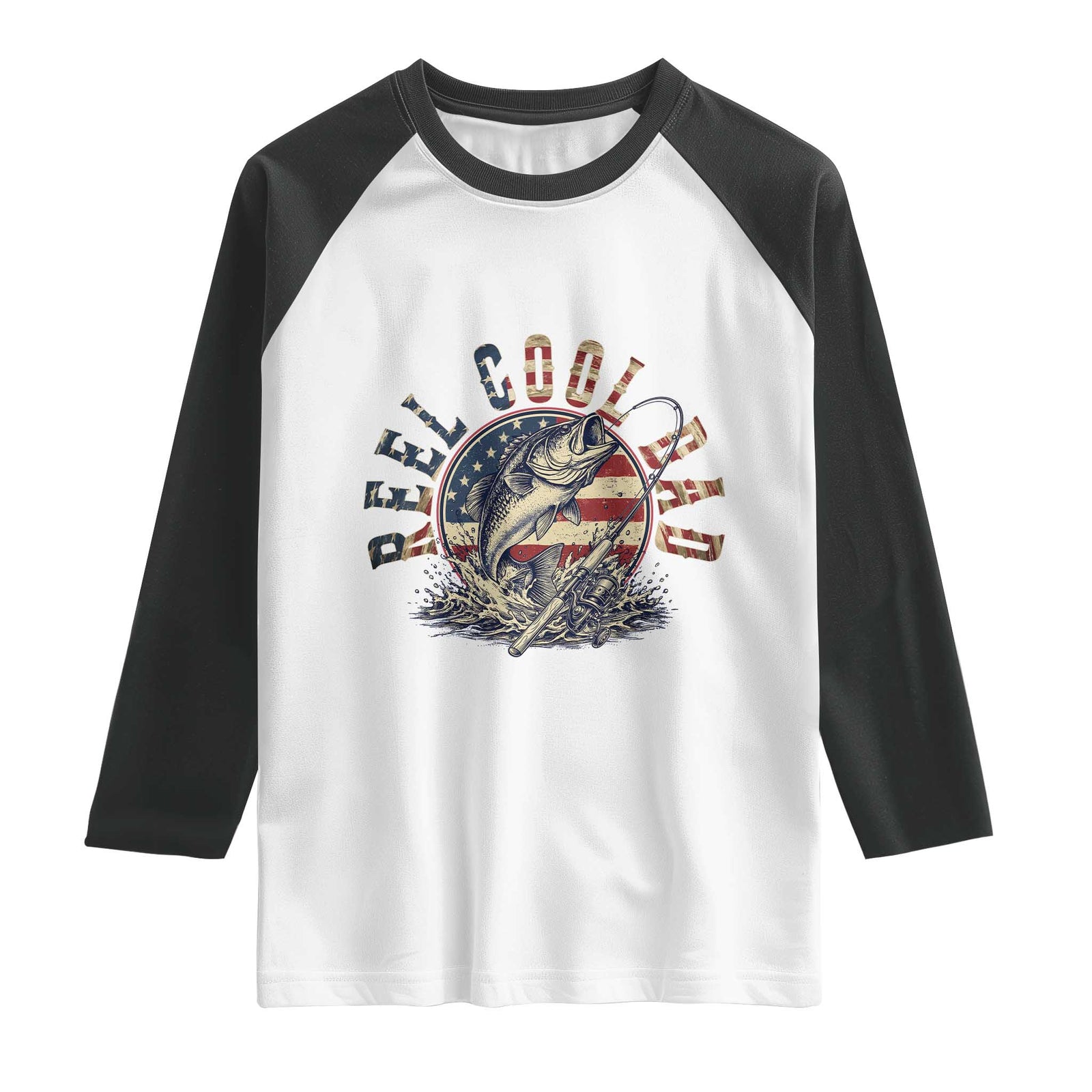 Reel Cool Dad Graphic Raglan Shirt 4th Of July Fishing Patriotic Dad TS12 White Black Print Your Wear